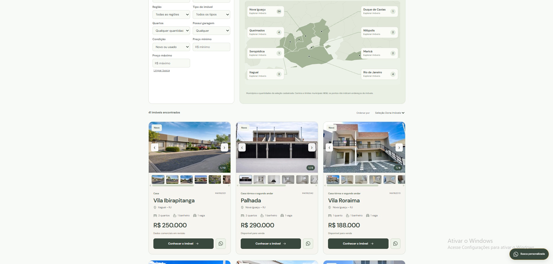 Catálogo imobiliário com filtros, mapa e imóveis