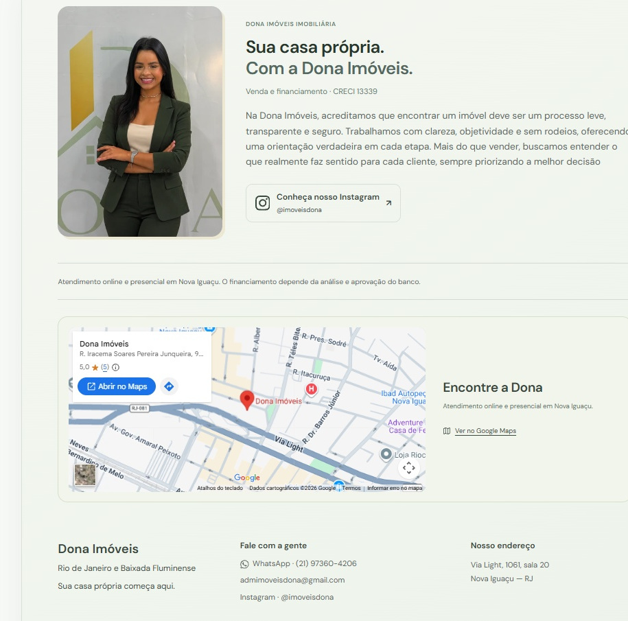 Trecho da home da Dona Imóveis com apresentação da corretora e informações de contato