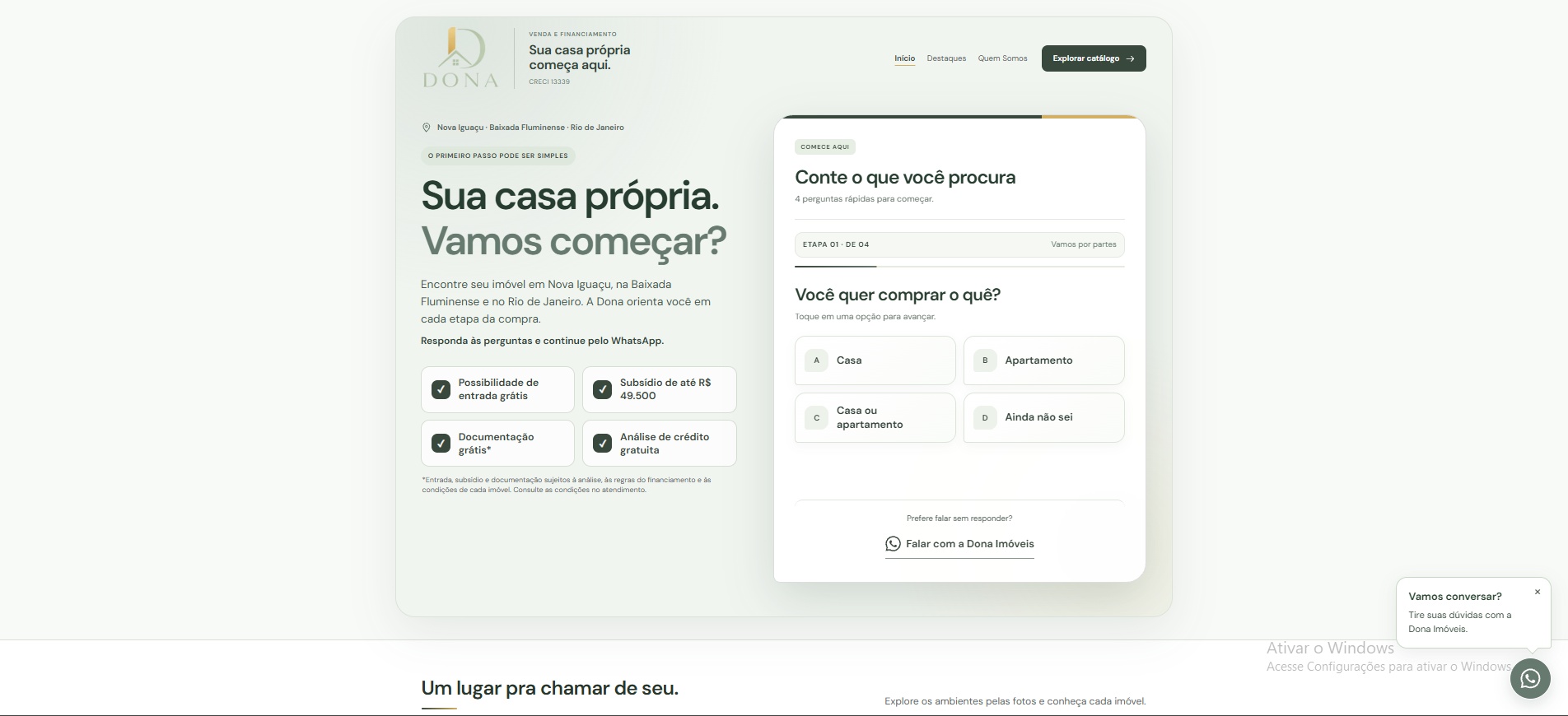 Tela real do site Dona Imóveis com formulário interativo